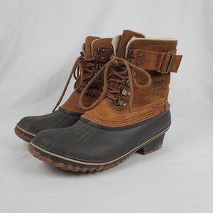 Sorel Waterproof Duck Boots Womens 9 Brown Leather Fur Lined Buckle Heel